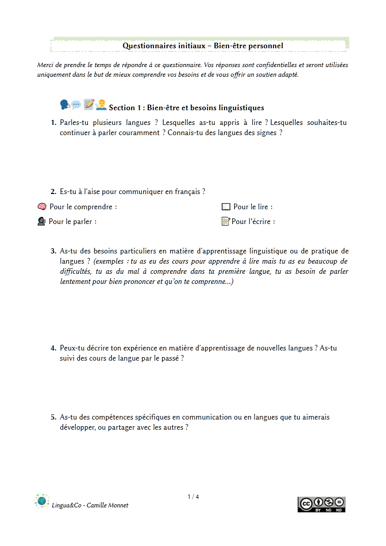 Questionnaires initiaux – Bien-être personnel